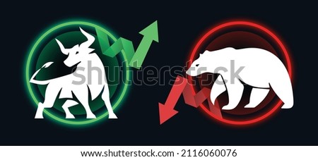 Bull or bullish run; Bear or bearish market trend in crypto currency or stocks. Trade exchange, green up or red down arrows graph. Stock market price chart. Neon circle frame. Vector Illustration
