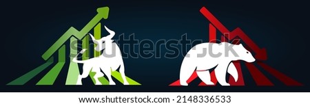 Bull or bullish run; Bear or bearish market trend in crypto currency or stocks. Trade exchange, green up or red down arrows graph.