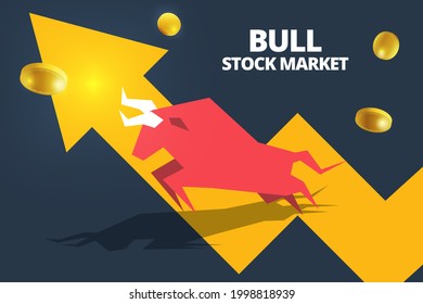 Icono de ejecución de toro o bullsh con gráfico de flecha de crecimiento y barras. Conceptos para el mercado de acciones de Bull y de la bolsa de valores o de las finanzas. Vector del mercado bursátil de tendencia alcista y gráfico de operaciones del mercado alcista.