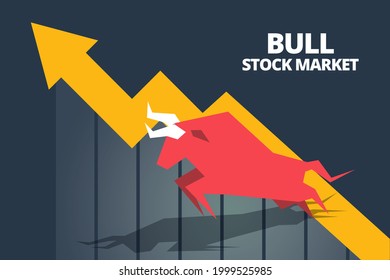 Bull or bullish run icon with growth arrow graph and bars. Concepts for share market of Bull and bear stock market exchange or finance. Vector of Bull market uptrend stock market and trading chart.