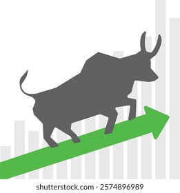 Bull or bullish run market trend in crypto currency or stocks. Trade exchange, green up down arrows graph bull symbol green