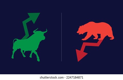 Bull or bullish run,Bear or bearish market trend in crypto currency or stocks. green up or red down arrows graph. Stock market price chart. Global economy crash or boom. Vector illustration 