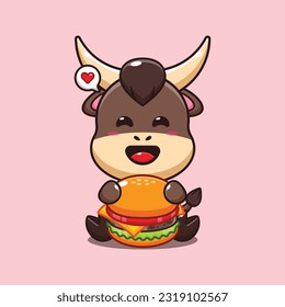 bull with burger cartoon vector illustration.