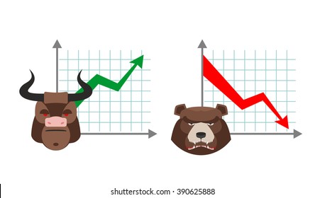 Bull business graph. Growing up green arrow. Bear schedule. Drop quotes down red cursor. Players on Exchange. Bulls and bears traders on stock swap