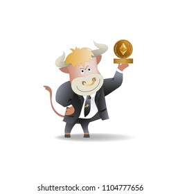 Bull businessman demonstrates Ephyrium. Cryptography, an illustration of financial technologies, the strategy of playing on the exchange crypto currency. Cartoon style.