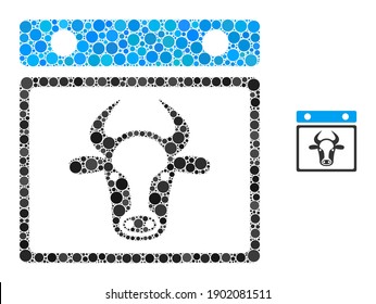 Bull calendar leaf composition of circle elements in variable sizes and color tinges. Vector circle elements are composed into bull calendar leaf composition.