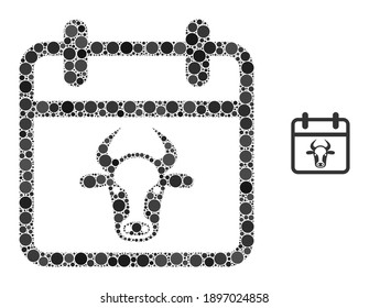 Bull calendar page mosaic of circle elements in variable sizes and color tones. Vector filled circles are combined into bull calendar page mosaic. Bull calendar page isolated on a white background.