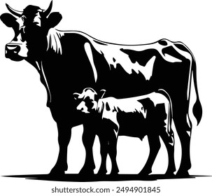 Bull with calf, cow and calf black and white illustration, Domestic animal silhouette