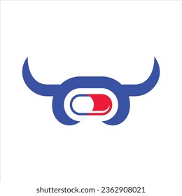 Bull capsul logo. The capsule logo with a dashing bull's head is suitable for the medicine industry for animals and humans.  Vitamins and animal care.
