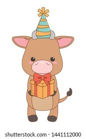 Bull cartoon with happy birthday icon design