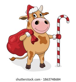 Bull cartoon illustration. Vector image. Bull Santa Claus. A bag with presents.
