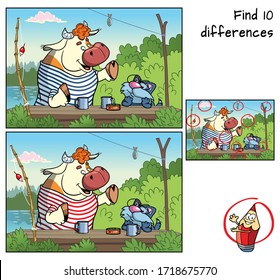 Bull and cat after fishing. Find 10 differences. Educational game for children. Cartoon vector illustration