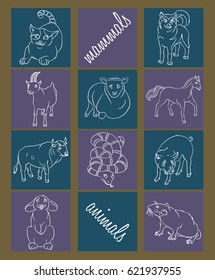 Bull, cat, dog, goat, horse,  pig, rabbit, rat, sheep, snake