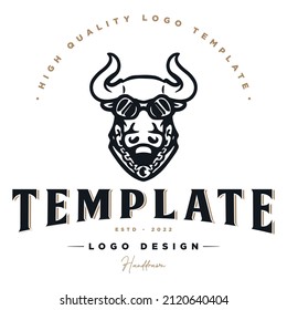 bull character logo template. bull rapper with gold necklace and glasses.