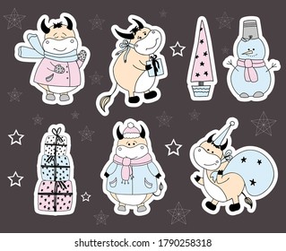 Bull character stickers. 2021 symbol vector icons. Ox character set