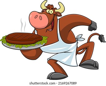 Bull Chef Cartoon Character Holding A Platter With Grilled Beef Steak. Vector Hand Drawn Illustration Isolated On White Background