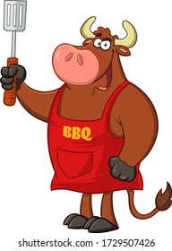 Bull Chef Cartoon Mascot Character Holding Slotted Spatula. Vector Illustration Isolated On White Background