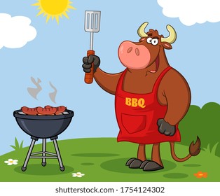 Bull Chef Cartoon Mascot Character Holding Slotted Spatula By A Barbecue. Vector Illustration With Background