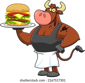 Bull Chef Cartoon Mascot Character Holding A Double  Hamburger Or Cheeseburger. Vector Fast Food Hand Drawn Illustration Isolated On White Background