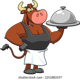 Bull Chef Cartoon Mascot Character Holding A Silver Platter. Vector Hand Drawn Illustration Isolated On Transparent Background