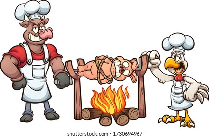Bull and chicken roasting a tied up pig. Vector cartoon clip art illustration with simple gradients. Some elementsa on separate layers.
