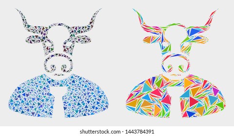 Bull chief mosaic icon of triangle elements which have different sizes and shapes and colors. Geometric abstract vector illustration of bull chief.