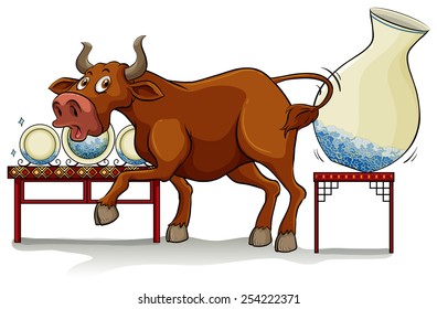 A bull in a China shop on a white background