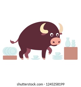 Bull in a china shop saying, funny drawing of an idiom. Cute cartoon bull surrounded with crockery. Isolated vector illustration.