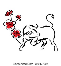 Bull Chinese zodiac in calligraphy style with cherry blossoms.