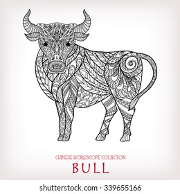 Bull. Chinese zodiac collection. Decorative outline hand drawn in zentangle style. Black and white.