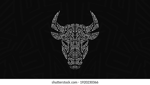 Bull, Chinese zodiac symbol. Chinese new year 2021 year of the ox. Black and white digital lineart. Ancient logotype. Abstract hieroglyph. chinese poster.