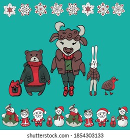 bull christmas card 2021 with cute friends, vector hand drawn
