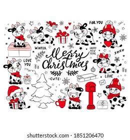 BULL CHRISTMAS COLLECTION New Year Merry Christmas Cute Animal Cartoon Holiday Vacation Winter Hand Drawn Clip Art Vector Illustration Set For Print