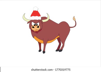 Bull in a Christmas hat, Greeting card Merry Christmas and Happy New Year 2021,year of the ox or bull, symbol of 2021 East  Asian horoscope, Chinese zodiac sign, vector illustration 