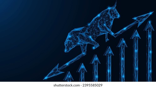 Toro conectado a un oso. Gráfico del mercado de valores. Las flechas del crecimiento y la caída. Diseño poligonal de elementos interconectados. Fondo azul.