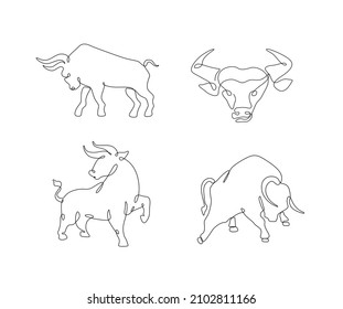 Bulle, kontinuierliche Linienzeichnung, Chinesisches Neujahr, einzelne Vektorgrafik, Tätowierung, Druck- und Logo-Design, Silhouette-Einzel-Linie auf weißem Hintergrund.
