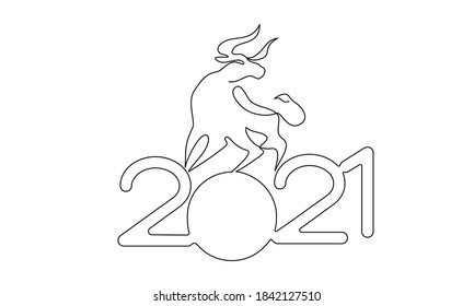Bull Continuous one line drawing. Chinese New Year 2021 year of the bull. Black outline vector drawing.