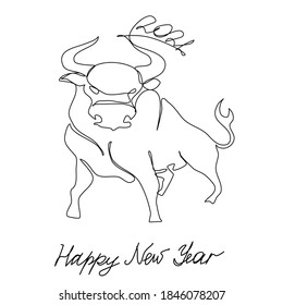 Bull Continuous one line drawing. Chinese New Year 2021 Year of the Ox 
drawn in a modern minimalist style, hand-signed. Black outline vector graphics.