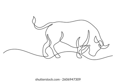 Bull continuous one line drawing on a white isolated background. Vector illustration