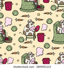 BULL COOKES SOUP AND KNITS Vegetarian Food Merry Christmas New Year Cartoon Winter Holiday Cute Cow Animal Hand Drawn Seamless Pattern Vector Illustration For Print