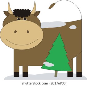 The bull costs near to a fur-tree. The bull smiles, at it celebratory mood.On a bull and on a fur-tree snow lies.