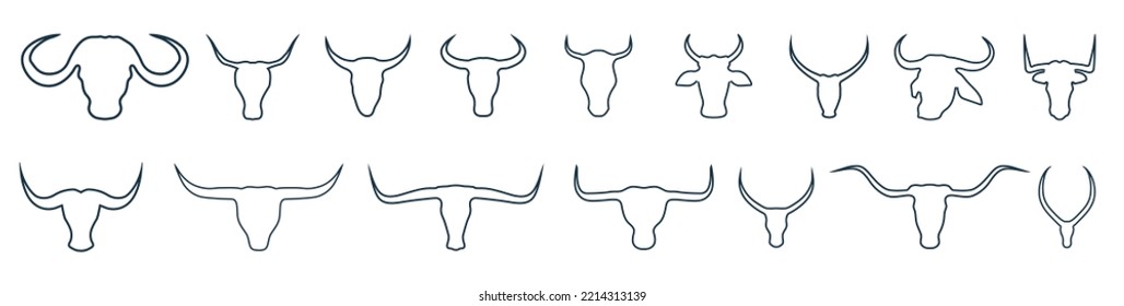 Bull and cow head line art. Silhouette of Bull and cow head with big horn vector