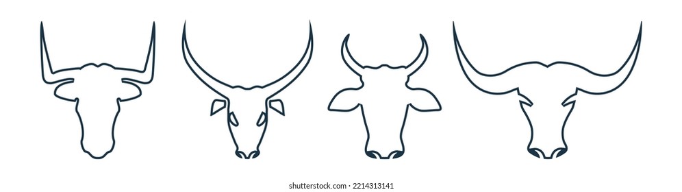 Bull and cow head line art. Silhouette of Bull and cow head with big horn vector