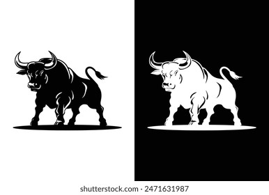 Bull and cow icon. Stylized silhouettes of standing in different poses and butting up bulls. Isolated on white background.