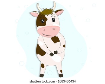 Bull, cow image in cartoon style on a blue background.Vector illustration. Festive postcard. Ox zodiac sign.
