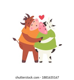 Bull and cow kiss. Love couple farm animals. Modern vector