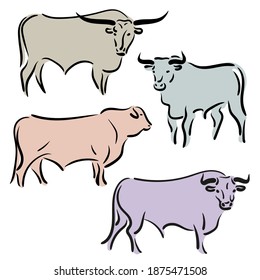 Bull, cow, ox a calf Drawing. Stylized silhouettes of standing in different colors. Isolated on white background. Bull logo designs set. simple hand Vector illustration. Chinese happy new year 2021.