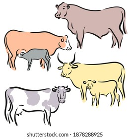 Bull, cow, ox a calf Drawing. Stylized silhouettes of standing in different colors. Isolated on white background. Bull logo designs set. simple hand Vector illustration. Chinese happy new year 2021.