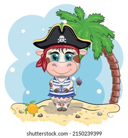 Bull, cow pirate, cartoon character of the game, wild animal in a bandana and a cocked hat with a skull, with an eye patch. Character with bright eyes on the beach with palm trees
