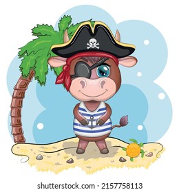 Bull, cow pirate, cartoon character of the game, wild animal in a bandana and a hat with a skull, with an eye patch. Character with bright eyes on the beach with palm trees